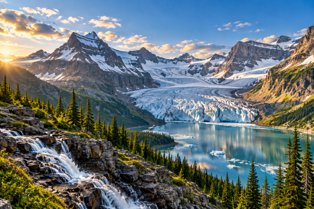 Glacier in Glacier National Park surrounded by snow-covered mountains