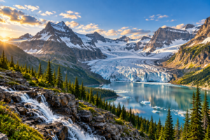 Glacier in Glacier National Park surrounded by snow-covered mountains