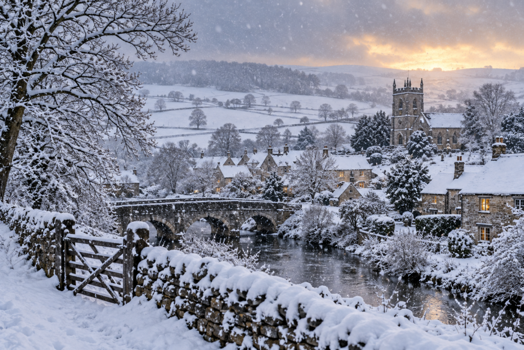 Snow-covered British countryside during a winter snowfall
