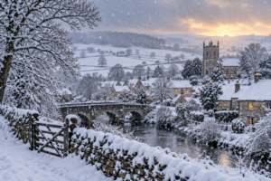 Snow-covered British countryside during a winter snowfall