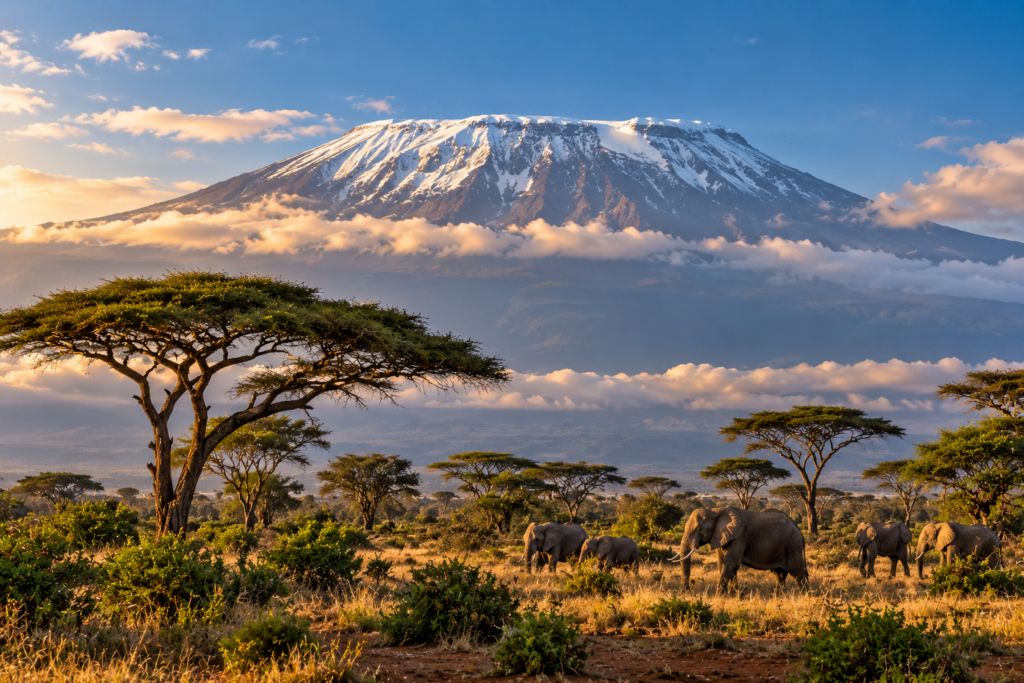 Mount Kilimanjaro with its remaining summit ice above the African savanna