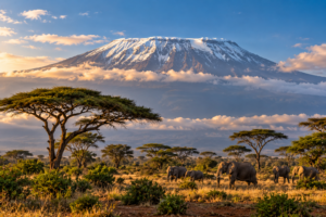 Mount Kilimanjaro with its remaining summit ice above the African savanna