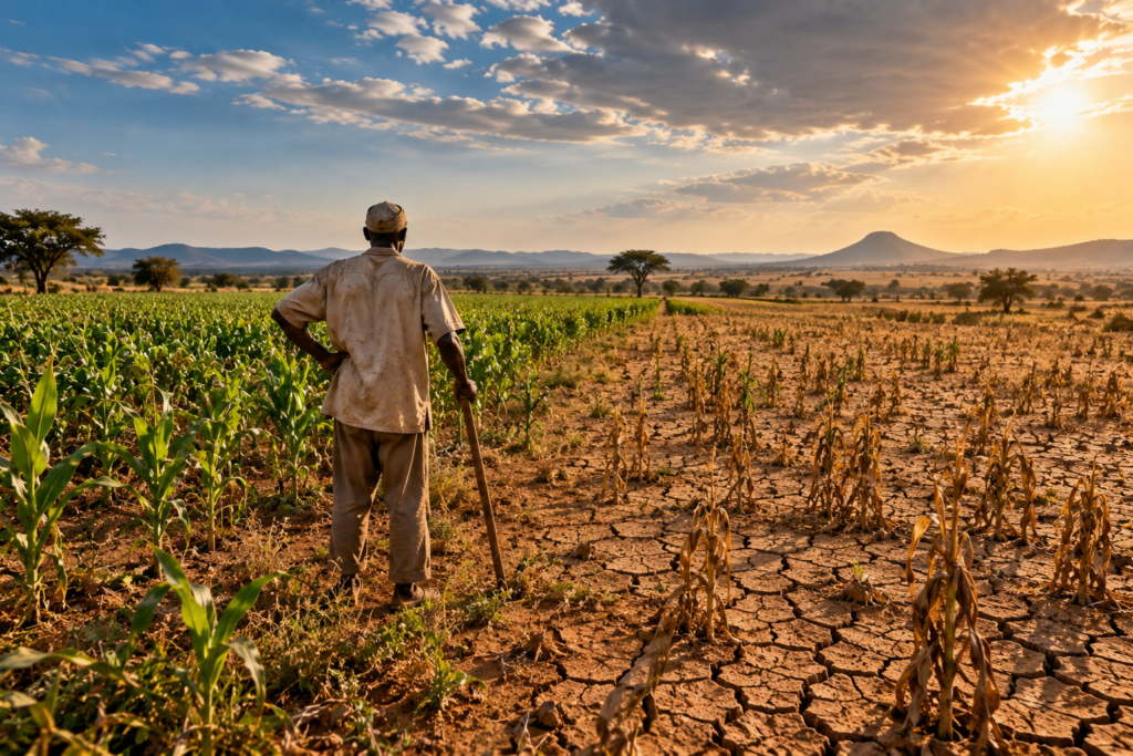 African farmer standing in a drought-affected rain-fed agricultural field