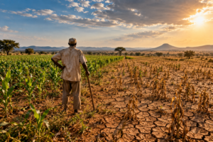 African farmer standing in a drought-affected rain-fed agricultural field