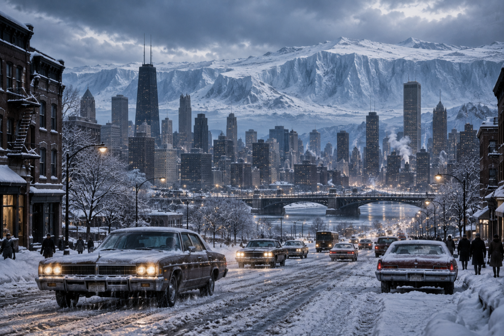 1970s city under severe winter conditions illustrating historical global cooling fears