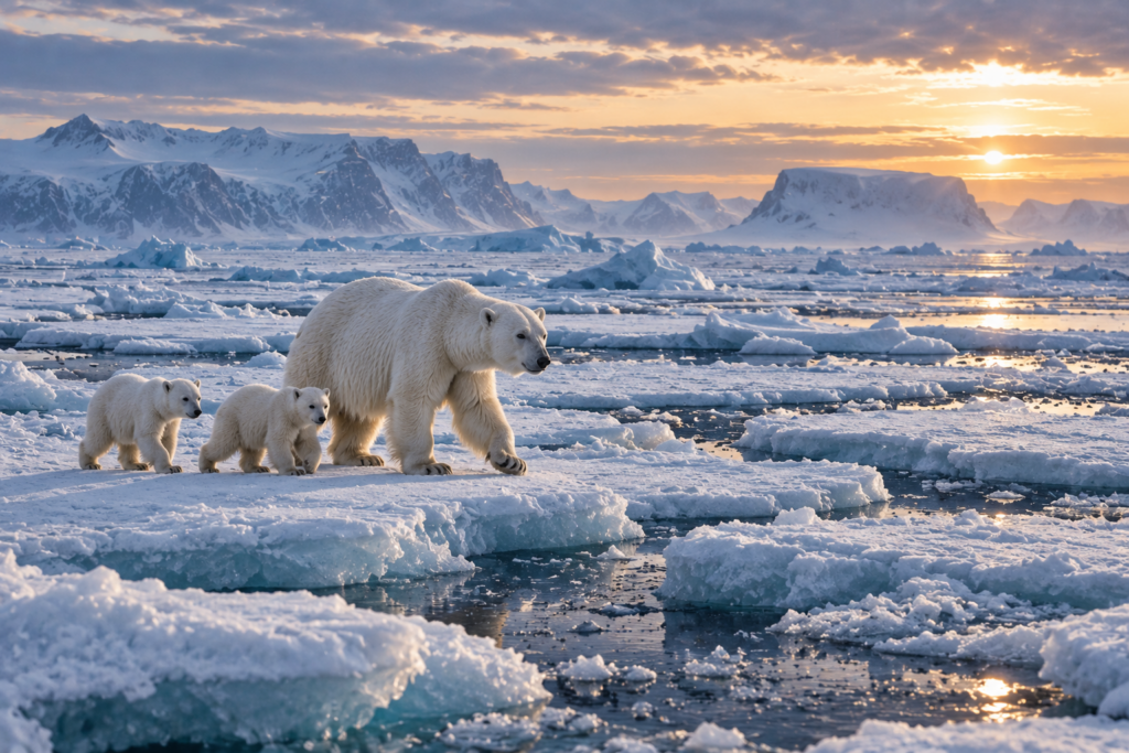 Polar bear mother and cubs crossing fragmented Arctic sea ice