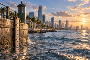Coastal city and tide gauge illustrating measured sea-level rise