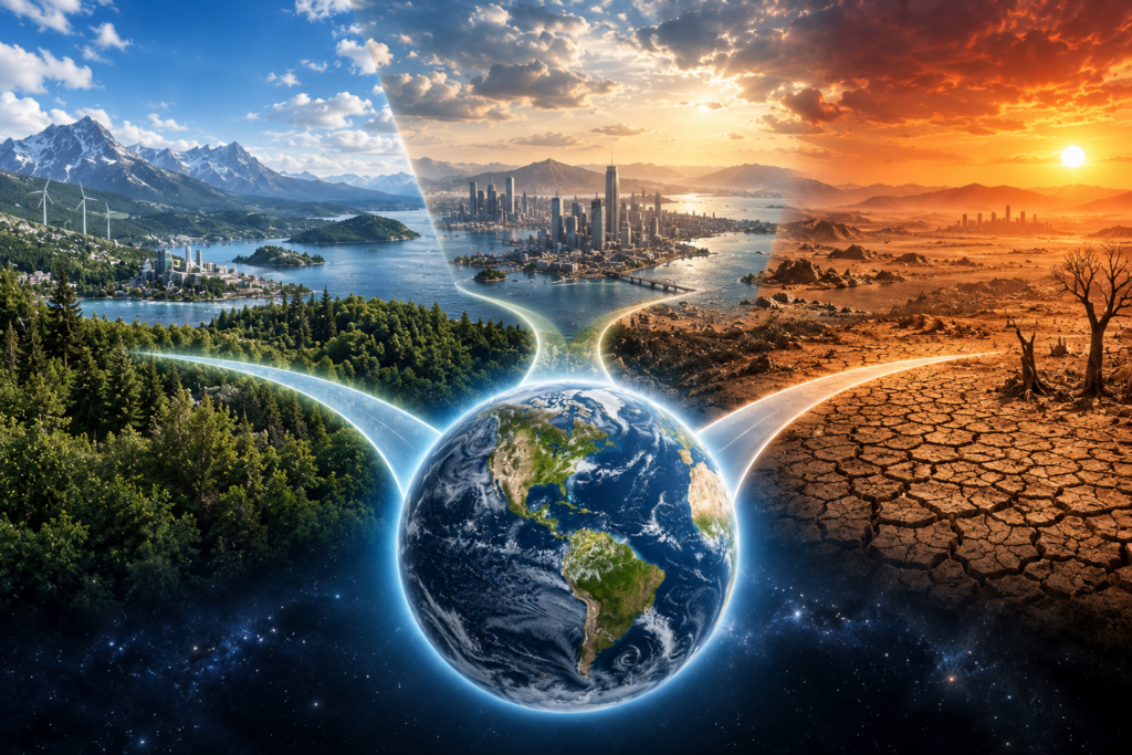 Multiple possible climate futures illustrating predictions, projections and scenarios