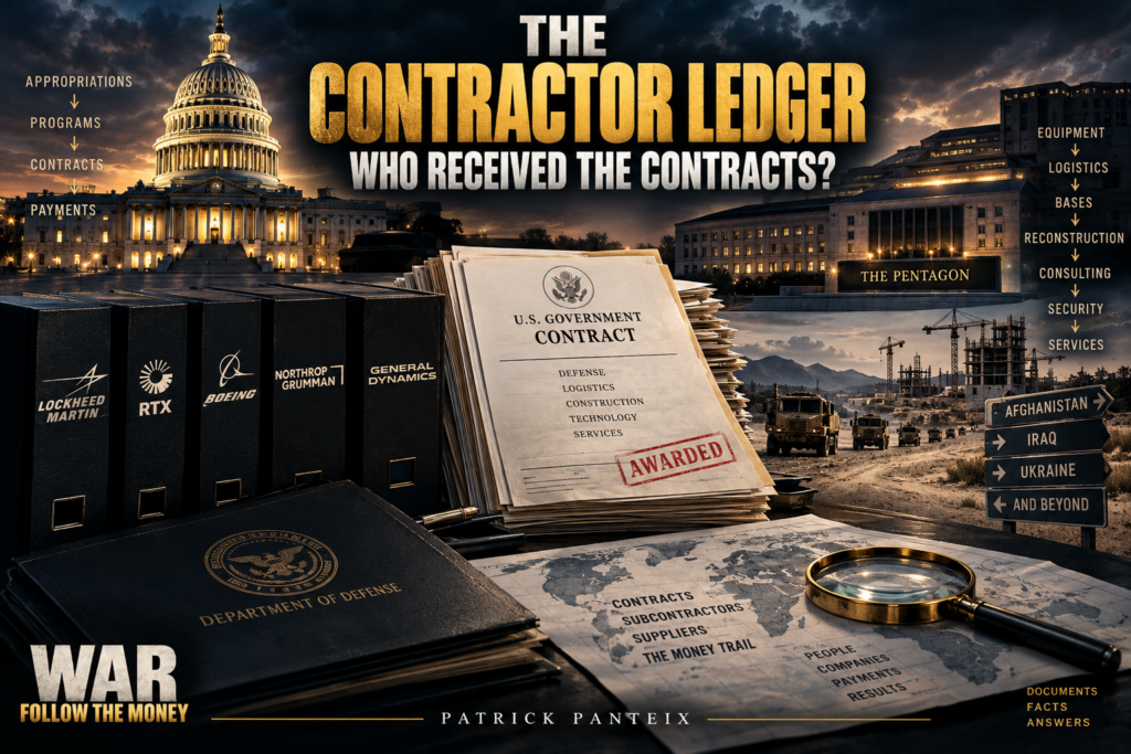 U.S. government defense contracts, the Capitol, the Pentagon, and major military contractors, illustrating the financial trail of American war spending.