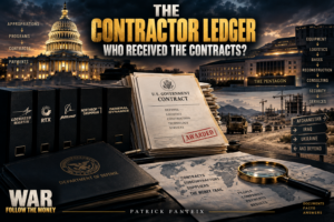 U.S. government defense contracts, the Capitol, the Pentagon, and major military contractors, illustrating the financial trail of American war spending.