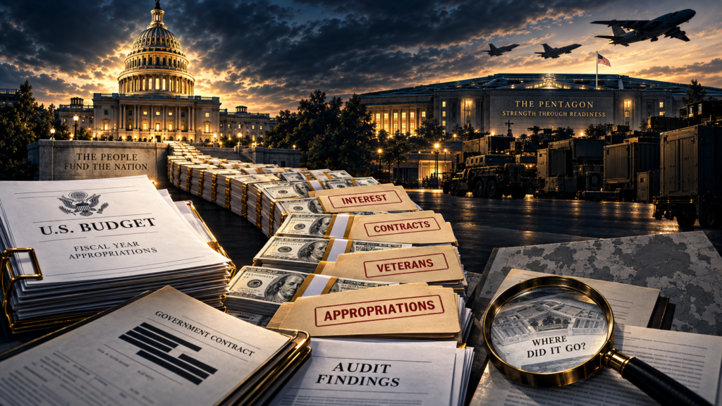 U.S. war spending investigation image linking Congress, the Pentagon, contracts, veterans, and long-term costs.