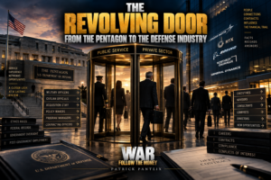 Cinematic illustration of the revolving door between the Pentagon and the defense industry, showing former military officers and government officials moving into private defense companies.