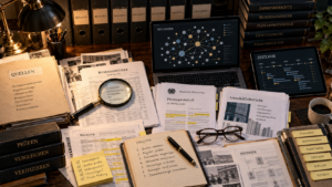 Recherchearbeitsplatz mit Registern, Parlamentsdokumenten, Geschäftsberichten, Zeitlinien und digitaler Netzwerkanalyse.
