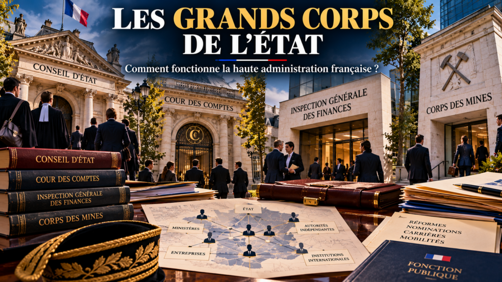 Illustration des grands corps de l’État et de la haute administration française, avec le Conseil d’État, la Cour des comptes, l’Inspection générale des finances et le Corps des mines.