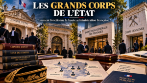 Illustration des grands corps de l’État et de la haute administration française, avec le Conseil d’État, la Cour des comptes, l’Inspection générale des finances et le Corps des mines.