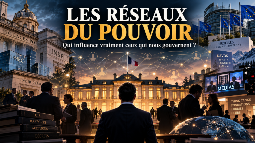 Illustration des réseaux du pouvoir en France reliant institutions, élites, médias, think tanks, Bruxelles et Davos autour des centres de décision.