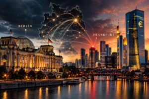 Karte Deutschlands mit einem Netzwerk aus Verbindungen zwischen politischen, wirtschaftlichen und institutionellen Zentren.