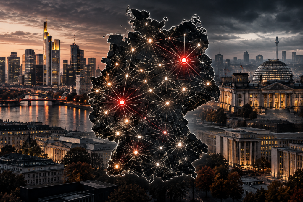 Karte Deutschlands mit einem Netzwerk aus Verbindungen zwischen politischen, wirtschaftlichen und finanziellen Machtzentren.