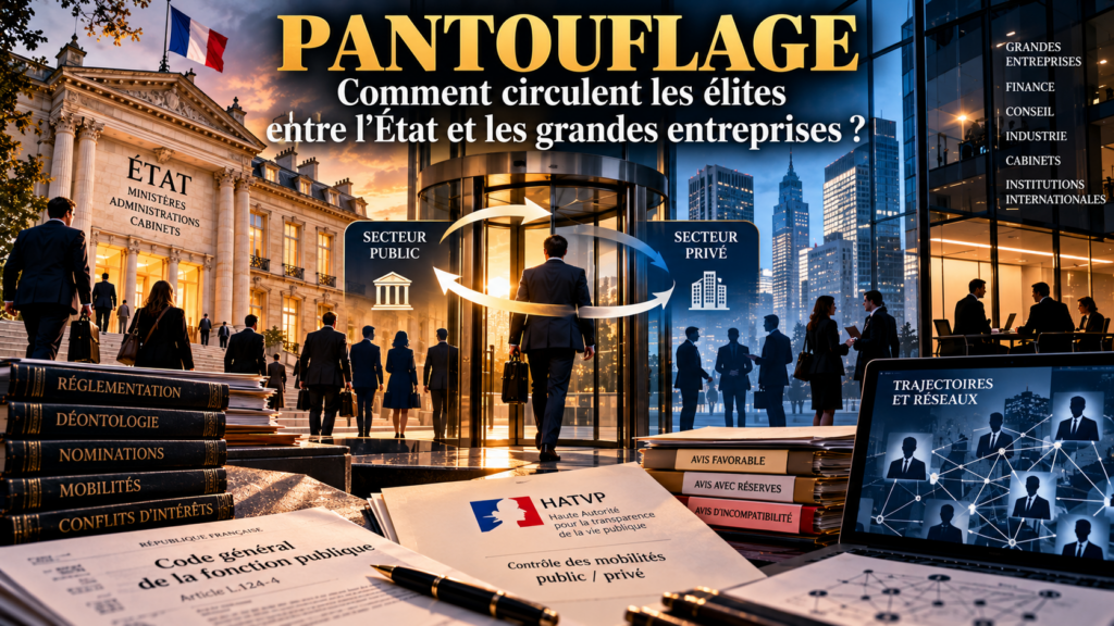 Illustration du pantouflage et des mobilités entre l’État et les grandes entreprises, avec contrôle de la HATVP et circulation des hauts responsables entre secteurs public et privé.