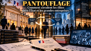 Illustration du pantouflage et des mobilités entre l’État et les grandes entreprises, avec contrôle de la HATVP et circulation des hauts responsables entre secteurs public et privé.