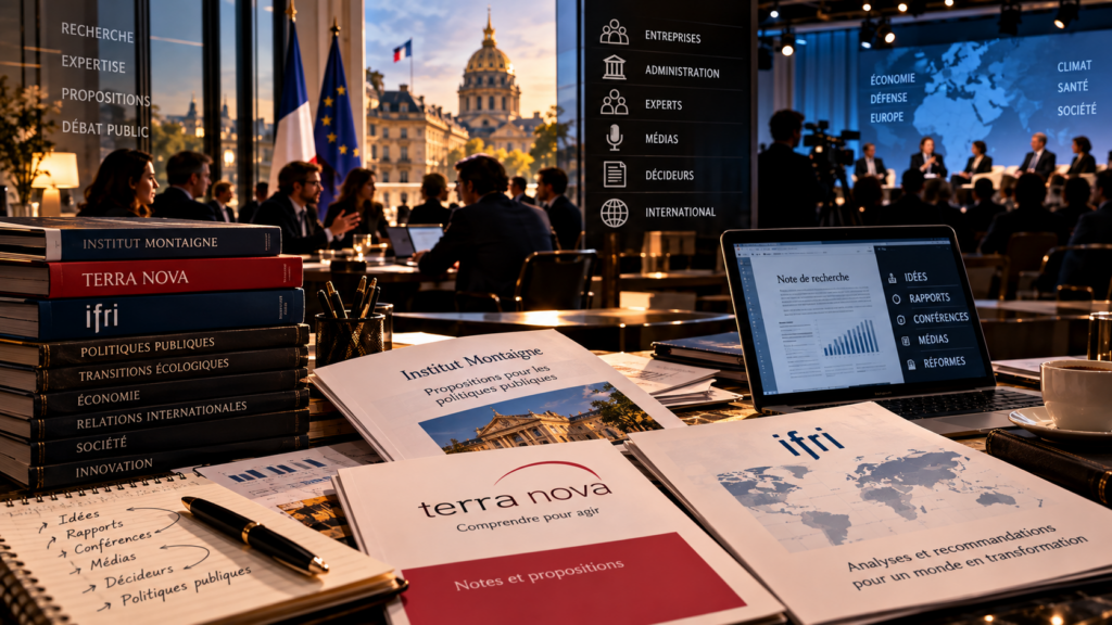 Illustration du rôle des think tanks en France, avec rapports, experts, médias, décideurs publics et organisations comme l’Institut Montaigne, Terra Nova et l’Ifri.