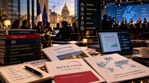 Illustration du rôle des think tanks en France, avec rapports, experts, médias, décideurs publics et organisations comme l’Institut Montaigne, Terra Nova et l’Ifri.